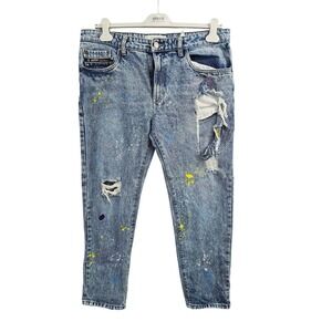 Akademiks Jeanius Mens Blue Acid Wash Paint Splatter Distressed Jeans 38x30